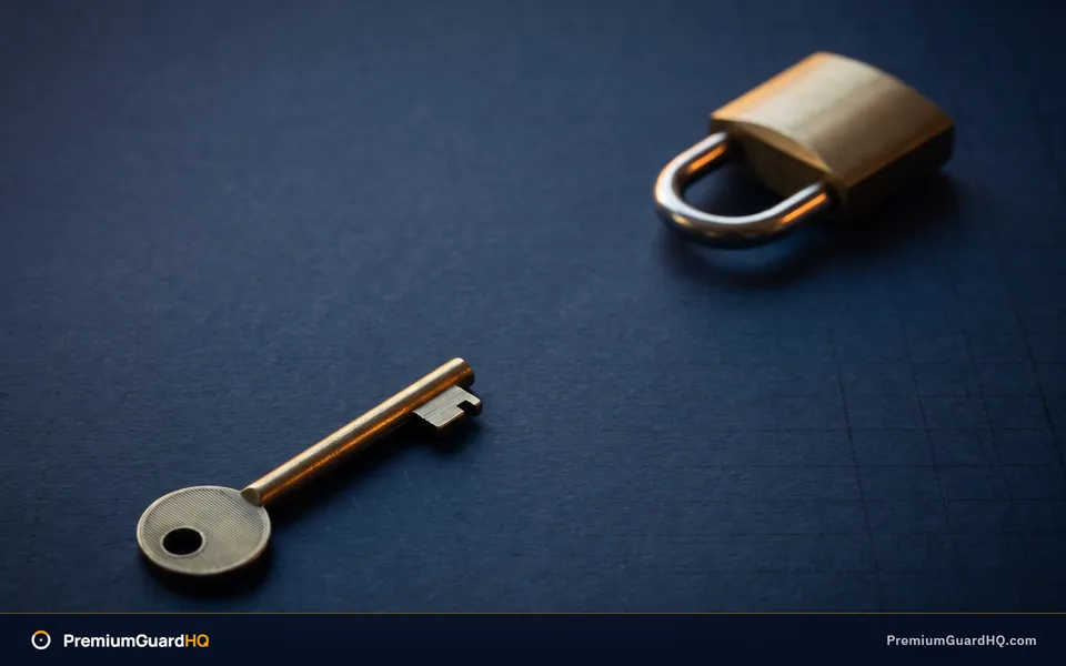 A single brass key resting on navy ledger paper beside a closed brass padlock, lit from the upper left, standing for the right to act without the obligation to use it.