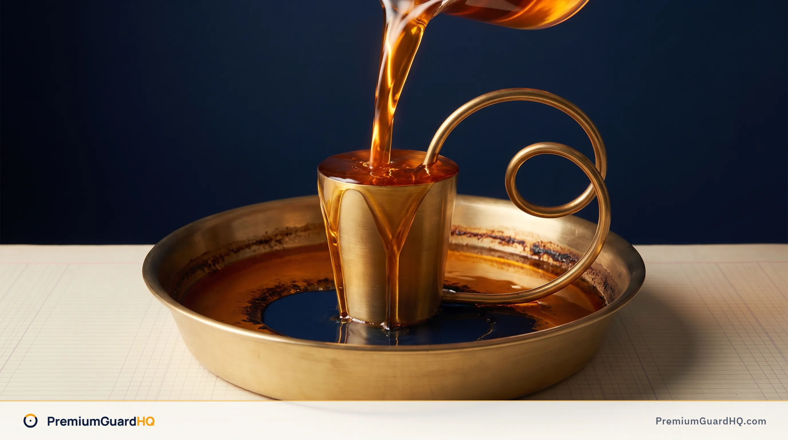 A brass cup standing in a shallow brass basin, filled by an amber stream pouring in from above while a curved siphon tube quietly draws more amber up out of the basin the cup is standing in, the basin's level dropped and ringed by a dark tide line, set on ledger paper against deep navy.