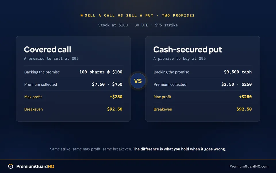 Side-by-side comparison of a covered call and a cash-secured put at the $95 strike: the call backed by 100 shares with $7.50 premium, the put by $9,500 reserved cash with $2.50 premium, both with a $92.50 breakeven.