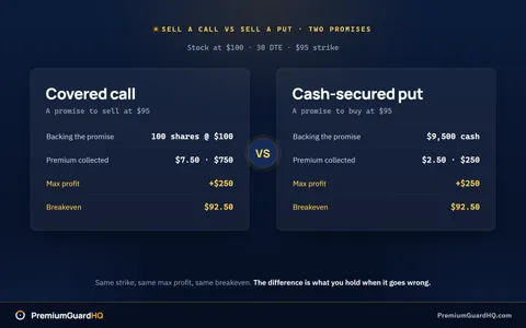 Side-by-side comparison of a covered call and a cash-secured put at the $95 strike: the call backed by 100 shares with $7.50 premium, the put by $9,500 reserved cash with $2.50 premium, both with a $92.50 breakeven.