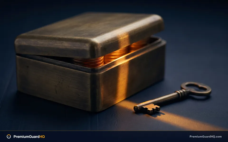 Editorial illustration of a brass strongbox on navy ledger paper, its lid open just enough to show a stack of coins lit amber, representing cash reserved against a put contract.