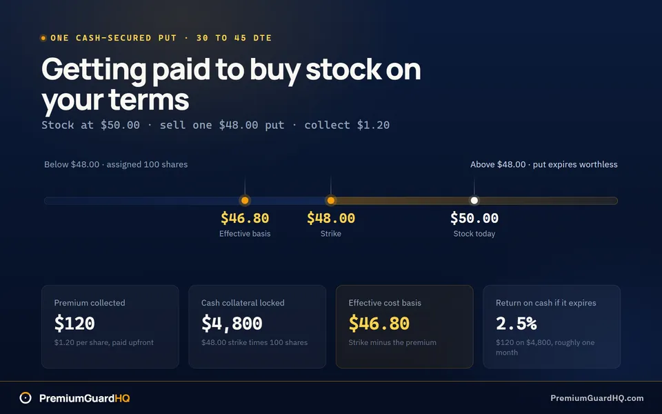 Cash-secured put position card showing stock at $50, a $48 strike at 30 to 45 days to expiration, $1.20 premium worth $120, $4,800 of cash locked as collateral, and a $46.80 effective cost basis.
