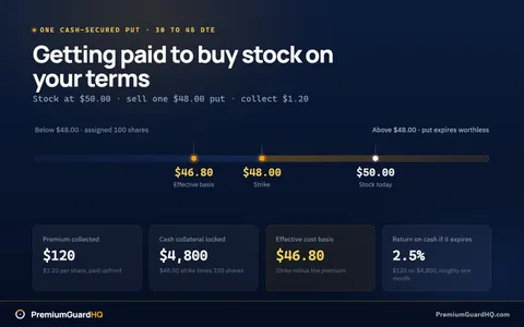 Cash-secured put position card showing stock at $50, a $48 strike at 30 to 45 days to expiration, $1.20 premium worth $120, $4,800 of cash locked as collateral, and a $46.80 effective cost basis.