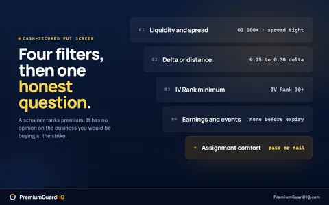Four narrowing filter bars for a cash-secured put screen, reading liquidity and spread at OI 100+ with a tight spread, delta or distance at 0.15 to 0.30 delta, IV Rank minimum at IV Rank 30+, and earnings and events at none before expiry, feeding an amber assignment comfort card marked pass or fail.