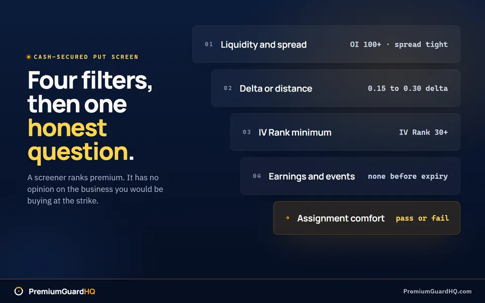 Four narrowing filter bars for a cash-secured put screen, reading liquidity and spread at OI 100+ with a tight spread, delta or distance at 0.15 to 0.30 delta, IV Rank minimum at IV Rank 30+, and earnings and events at none before expiry, feeding an amber assignment comfort card marked pass or fail.