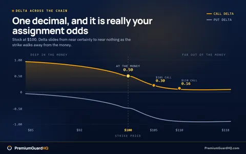 Delta plotted across strikes for a stock at 100 dollars, with call delta running from near 1.00 deep in the money down through 0.50 at the money to near 0.00 far out of the money, and put delta mirrored below the axis from near 0.00 down to negative 1.00, with the at-the-money coin-flip point marked at 0.50 and negative 0.50.