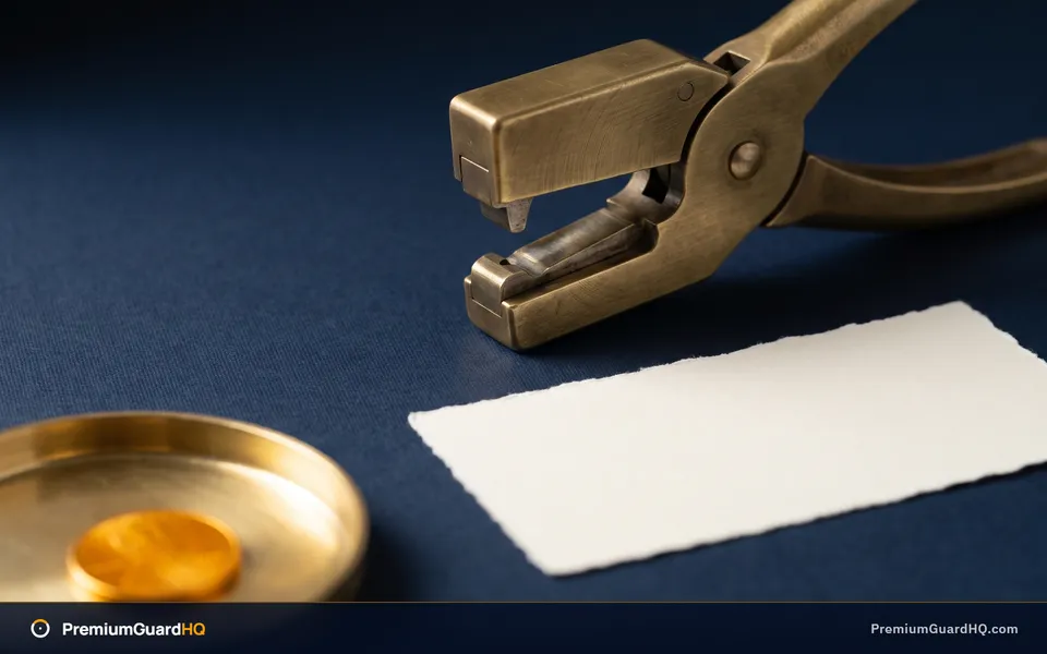 A brass ticket punch held open above a blank cream paper stub on a navy desk, with a single gold coin already resting in a small brass tray, showing that the payment arrives before the commitment is stamped.