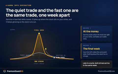 Gamma plotted across strikes for a stock at 100 dollars with a 98 strike marked: the final-week curve spikes into a tall amber peak right at the strike while the three-weeks-out curve stays low and flat across the same strikes, with the two drivers labelled at the money and final week.