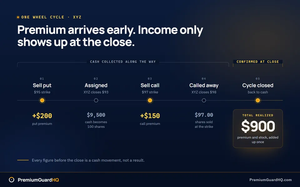 One XYZ wheel cycle drawn as a timeline: $200 of put premium collected at the open, assignment at the $95 strike, $150 of call premium, shares called away at $97, and $900 marked as the only confirmed income at cycle close.