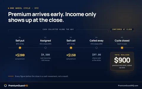 One XYZ wheel cycle drawn as a timeline: $200 of put premium collected at the open, assignment at the $95 strike, $150 of call premium, shares called away at $97, and $900 marked as the only confirmed income at cycle close.