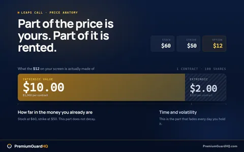Price anatomy of a LEAPS call: a $12 option on a $50 strike with the stock at $60, split into $10 of intrinsic value and $2 of extrinsic value.