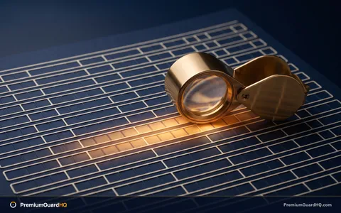 Editorial illustration of a brass jeweler's loupe resting on a dense navy grid of blank ledger cells, with a single row beneath the lens lit amber, representing reading one row of an options chain closely.