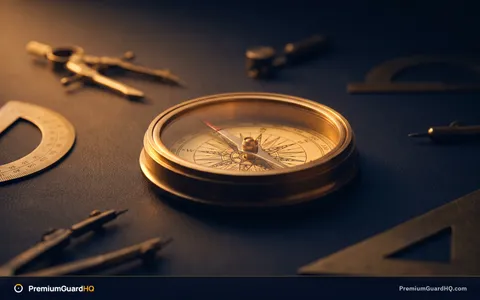 A brass navigational compass resting on a dark desk among scattered drafting tools, lit from one side.