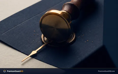 A brass contract seal resting half in amber light and half in deep navy shadow, with a single clock hand crossing it, standing for an agreement that carries a deadline.