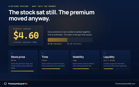 A midpoint premium of $4.60, or $460 for one contract, split into $2.00 of intrinsic and $2.60 of extrinsic value, with stock price, time, volatility and liquidity shown as the four forces that move it.