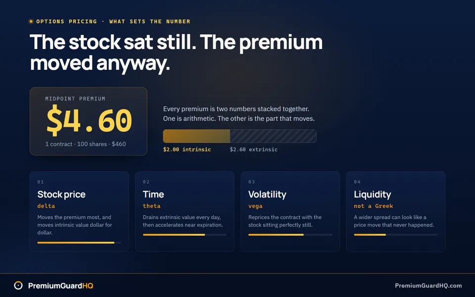 A midpoint premium of $4.60, or $460 for one contract, split into $2.00 of intrinsic and $2.60 of extrinsic value, with stock price, time, volatility and liquidity shown as the four forces that move it.