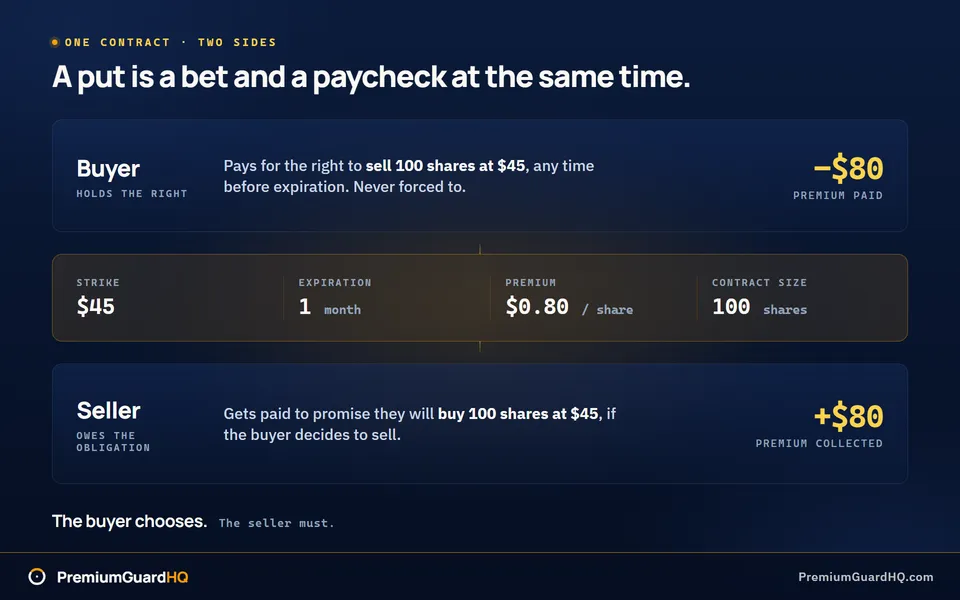 One put contract shown from both sides at once: the buyer paying eighty dollars for the right to sell one hundred shares at a forty-five dollar strike, and the seller collecting that same eighty dollars against the obligation to buy those shares if asked.