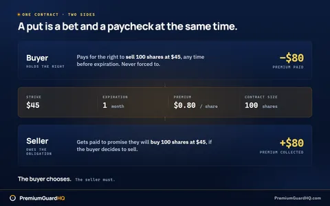 One put contract shown from both sides at once: the buyer paying eighty dollars for the right to sell one hundred shares at a forty-five dollar strike, and the seller collecting that same eighty dollars against the obligation to buy those shares if asked.