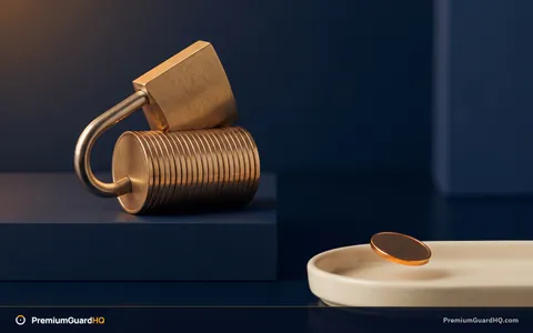 Editorial illustration of a brass padlock closing over a stacked block of coins while a single smaller coin drops into a tray beside it, representing shares locked as collateral in exchange for premium.