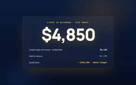 Safe-to-withdraw card showing $4,850 for the month: $6,120 trailing closed-cycle net income minus $1,270 held in reserve, equity base of $104,850 above target.