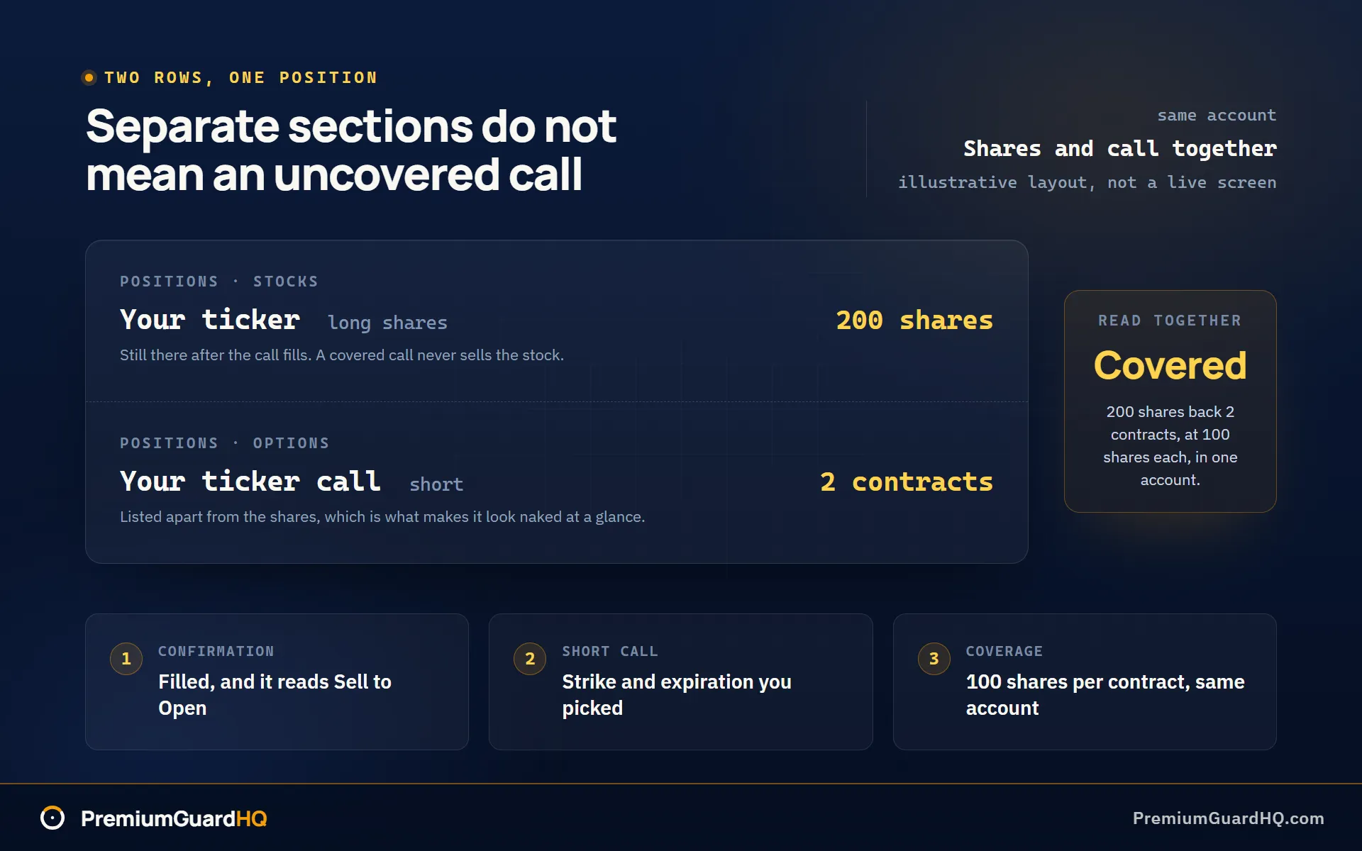 A covered position checked three ways: a share row and a short call row listed in separate sections of the same account, the same two rows read together as one covered call, and the three confirmations that prove it, a filled sell to open trade confirmation, a short call at the strike and expiration you picked, and one contract for every 100 shares.