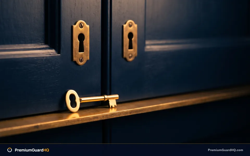 Two matching brass keyholes on adjacent navy cabinet doors, with a single gold key resting on the brass ledge below them, showing two separate ways into the same trade.