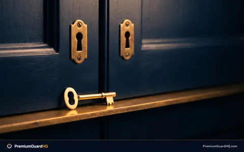 Two matching brass keyholes on adjacent navy cabinet doors, with a single gold key resting on the brass ledge below them, showing two separate ways into the same trade.