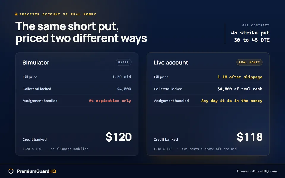 Two account panels for the same 45-strike put, the simulator filling at 1.20 mid for $120 credit with assignment handled at expiration only, and the live account filling at 1.18 for $118 with assignment possible any day it is in the money, both locking $4,500 of collateral.