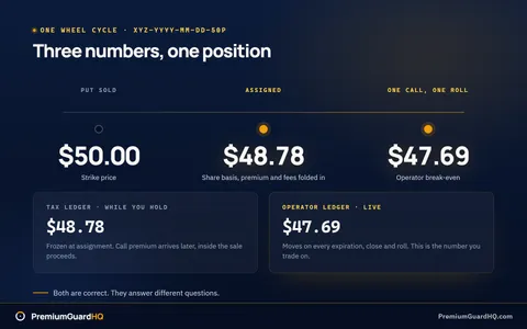A wheel cycle running from a 50.00 dollar strike put through assignment at a 48.78 dollar share basis to a 47.69 dollar operator break-even after one expired call and one roll, with the tax ledger and the operator ledger shown as two separate columns.