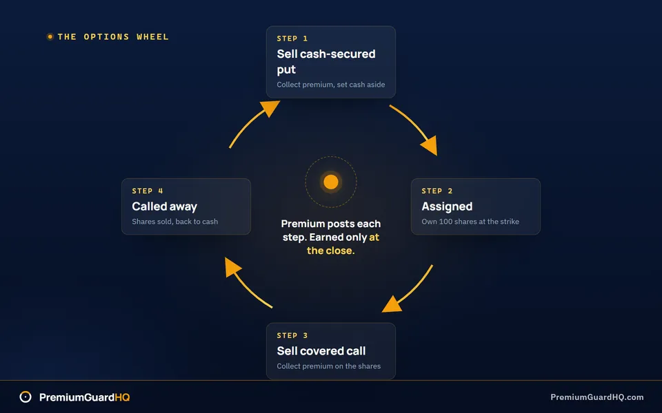 Diagram of the options wheel cycle as a loop: sell a cash-secured put, take assignment into shares, sell a covered call, get called away, and return to cash to start again.