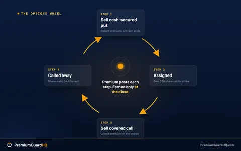 Diagram of the options wheel cycle as a loop: sell a cash-secured put, take assignment into shares, sell a covered call, get called away, and return to cash to start again.