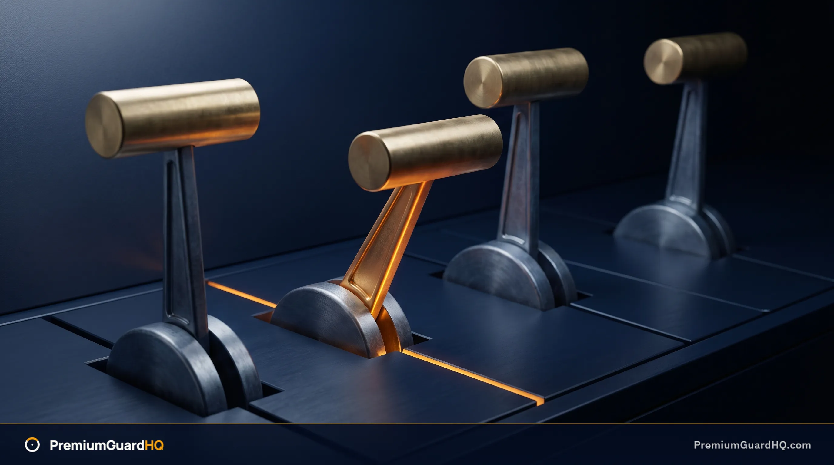 Editorial illustration of four brass levers rising from a deep navy panel, one tilted forward and glowing amber, representing the four levers that drive wheel returns.