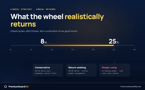 Range band of realistic wheel strategy annual returns from 8% to 25%, with markers for conservative, return-seeking, and margin-using operator profiles and a caution flag on the levered high end.
