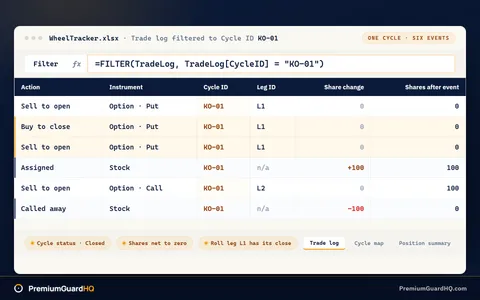 A wheel tracker workbook filtered to one cycle ID, showing a sell to open put, a two row roll sharing one leg ID, an assignment that moves shares after event to 100, a covered call sold against those shares, and a called away row that returns the count to zero, with the cycle marked closed and the shares net to zero check passing.